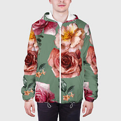Куртка с капюшоном мужская Цветы Нарисованные Розы и Пионы, цвет: 3D-белый — фото 2