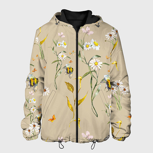 Мужская куртка Нарисованные Цветы Ромашки и Пчёлы / 3D-Черный – фото 1