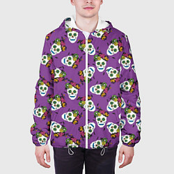 Куртка с капюшоном мужская Сахарные черепа на фиолетовом паттерн, цвет: 3D-белый — фото 2