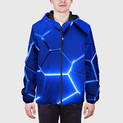 Куртка с капюшоном мужская Синие неоновые геометрические плиты, цвет: 3D-черный — фото 2