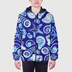 Куртка с капюшоном мужская Паттерн из океанских раковин и морских звёзд, цвет: 3D-черный — фото 2