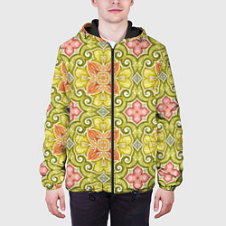Куртка с капюшоном мужская Зеленые узоры и оранжевые цветы, цвет: 3D-черный — фото 2