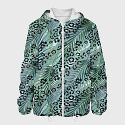 Куртка с капюшоном мужская Листья пальмы на леопардовом серо - зеленом фоне, цвет: 3D-белый