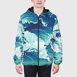 Куртка с капюшоном мужская Несущиеся морские волны, цвет: 3D-черный — фото 2