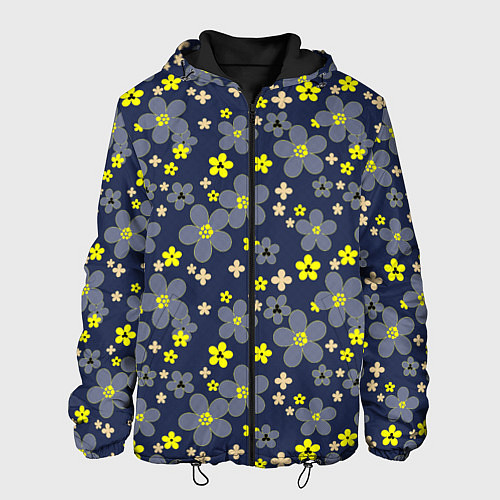Мужская куртка Лимонного цвета цветы на серо-синем фоне / 3D-Черный – фото 1