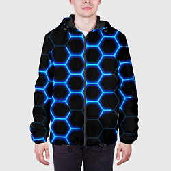 Куртка с капюшоном мужская Соты на синем неоновом фоне, цвет: 3D-черный — фото 2