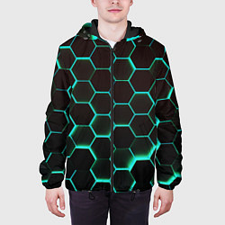 Куртка с капюшоном мужская Соты на зеленом неоновом фоне, цвет: 3D-черный — фото 2