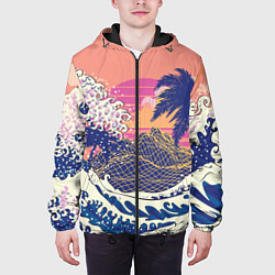 Куртка с капюшоном мужская Ретро дизайн большие волны, пальмы и абстрактные г, цвет: 3D-черный — фото 2