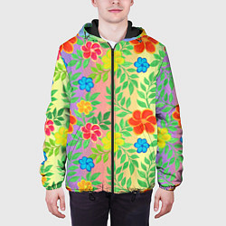 Куртка с капюшоном мужская Яркий цветочный узор на радужном фоне, цвет: 3D-черный — фото 2