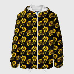 Куртка с капюшоном мужская Хохломская роспись цветы на чёрном фоне, цвет: 3D-белый