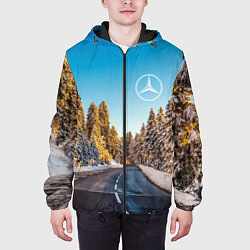 Куртка с капюшоном мужская Мерседес - зимняя дорога через лес, цвет: 3D-черный — фото 2