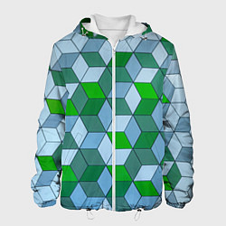 Куртка с капюшоном мужская Зелёные и серые абстрактные кубы с оптической иллю, цвет: 3D-белый