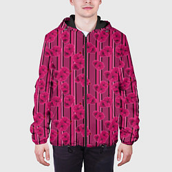 Куртка с капюшоном мужская Малиновый полосатый узор с цветами анемонов, цвет: 3D-черный — фото 2