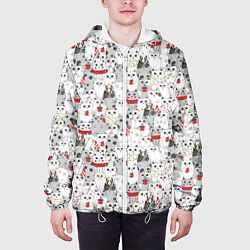 Куртка с капюшоном мужская Новогодний паттерн с котиками, цвет: 3D-белый — фото 2