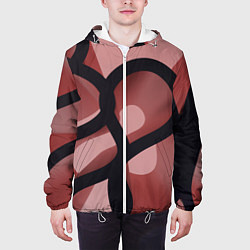 Куртка с капюшоном мужская Тёмные волнообразные линии на красном фоне, цвет: 3D-белый — фото 2