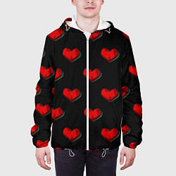 Куртка с капюшоном мужская Красные сердца полигоны, цвет: 3D-белый — фото 2