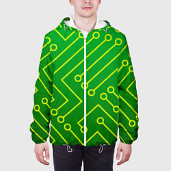 Куртка с капюшоном мужская Технический зелёный паттерн с жёлтыми лучами, цвет: 3D-белый — фото 2