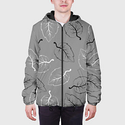 Куртка с капюшоном мужская Узор из черных и белых листьев на сером фоне, цвет: 3D-черный — фото 2