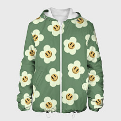 Куртка с капюшоном мужская Цветочки-смайлики: темно-зеленый паттерн, цвет: 3D-белый