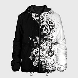 Куртка с капюшоном мужская Черно-белые цветы и колибри, цвет: 3D-черный