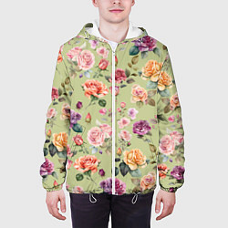 Куртка с капюшоном мужская Акварельные цветы - паттерн зеленый, цвет: 3D-белый — фото 2