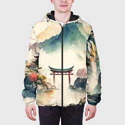 Куртка с капюшоном мужская Японский пейзаж - акварель, цвет: 3D-черный — фото 2