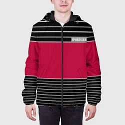 Куртка с капюшоном мужская Красно-черный полосатый узор с лейблом Спортклуб, цвет: 3D-черный — фото 2