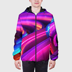 Куртка с капюшоном мужская Неоновые абстрактные волны, цвет: 3D-черный — фото 2