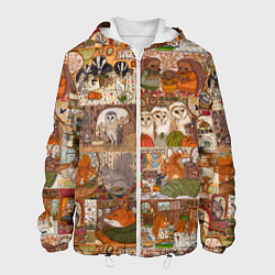 Куртка с капюшоном мужская Коллаж из сказочных зверей - совы, белки, ёжики, цвет: 3D-белый