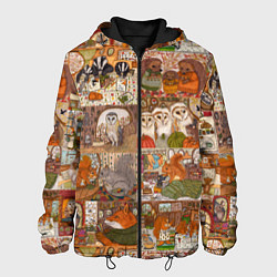 Куртка с капюшоном мужская Коллаж из сказочных зверей - совы, белки, ёжики, цвет: 3D-черный