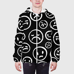 Куртка с капюшоном мужская Грустные черно-белые смайлики, цвет: 3D-белый — фото 2