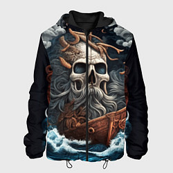 Куртка с капюшоном мужская Тату ирезуми черепа пирата на корабле в шторм, цвет: 3D-черный