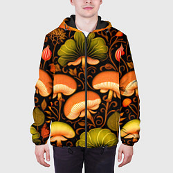 Куртка с капюшоном мужская Грибы с листвой узор, цвет: 3D-черный — фото 2