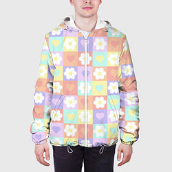 Куртка с капюшоном мужская Сердечки и цветочки в пастельных квадратах, цвет: 3D-белый — фото 2