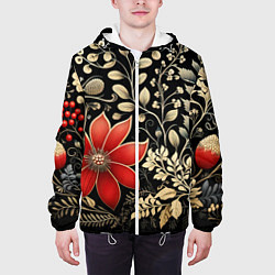 Куртка с капюшоном мужская Новогодние цветы и листья, цвет: 3D-белый — фото 2
