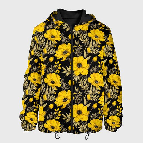 Мужская куртка Желтые цветы на черном фоне паттерн / 3D-Черный – фото 1