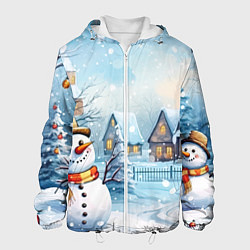 Куртка с капюшоном мужская Новогодний городок и снеговики, цвет: 3D-белый