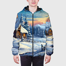 Куртка с капюшоном мужская Зимний новогодний пейзаж, цвет: 3D-черный — фото 2