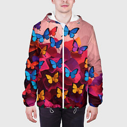 Куртка с капюшоном мужская Разноцветные бабочки - розовые цветы, цвет: 3D-белый — фото 2