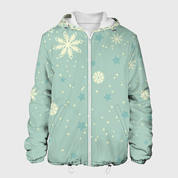 Куртка с капюшоном мужская Снежинки и звезды на матно зеленем, цвет: 3D-белый