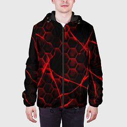 Куртка с капюшоном мужская Красные узоры шестиугольник, цвет: 3D-черный — фото 2