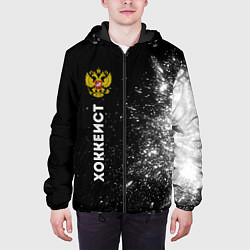 Куртка с капюшоном мужская Хоккеист из России и герб РФ по-вертикали, цвет: 3D-черный — фото 2