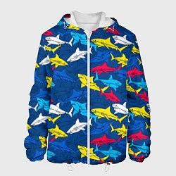 Куртка с капюшоном мужская Разноцветные акулы на глубине, цвет: 3D-белый
