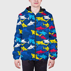 Куртка с капюшоном мужская Разноцветные акулы на глубине, цвет: 3D-черный — фото 2