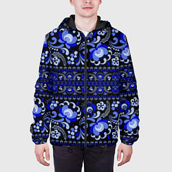 Куртка с капюшоном мужская Новогодняя гжельская роспись цветами на чёрном фон, цвет: 3D-черный — фото 2