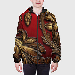 Куртка с капюшоном мужская Золотые объемные листья на красном фоне, цвет: 3D-черный — фото 2
