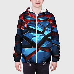 Куртка с капюшоном мужская Синие абстрактные плиты и красное свечение, цвет: 3D-белый — фото 2