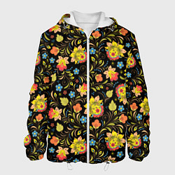 Куртка с капюшоном мужская Хохломская роспись разноцветные цветы, цвет: 3D-белый