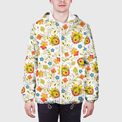 Куртка с капюшоном мужская Хохломская роспись разноцветные цветы на белом фон, цвет: 3D-белый — фото 2
