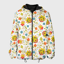 Куртка с капюшоном мужская Хохломская роспись разноцветные цветы на белом фон, цвет: 3D-черный